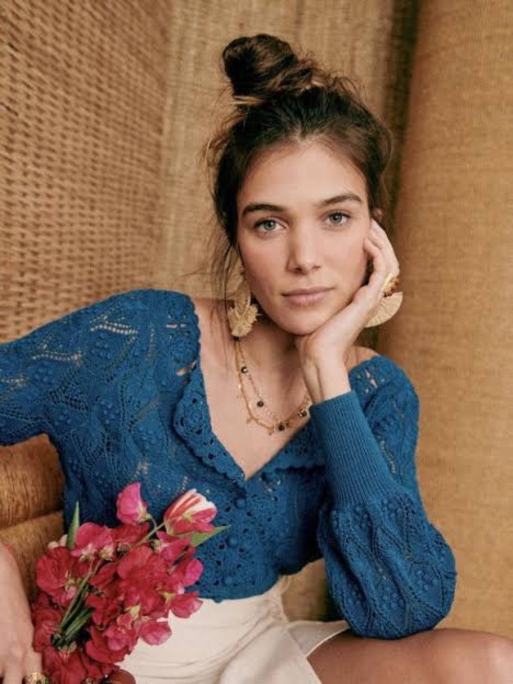 Sezane Teal-Blue Crochet V-Neck Cardigan